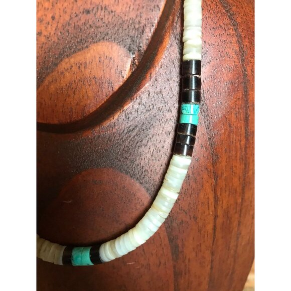 Heishi Necklace White Shell Disc & Turquoise Beads With Various Other Gemstones - Picture 2 of 8